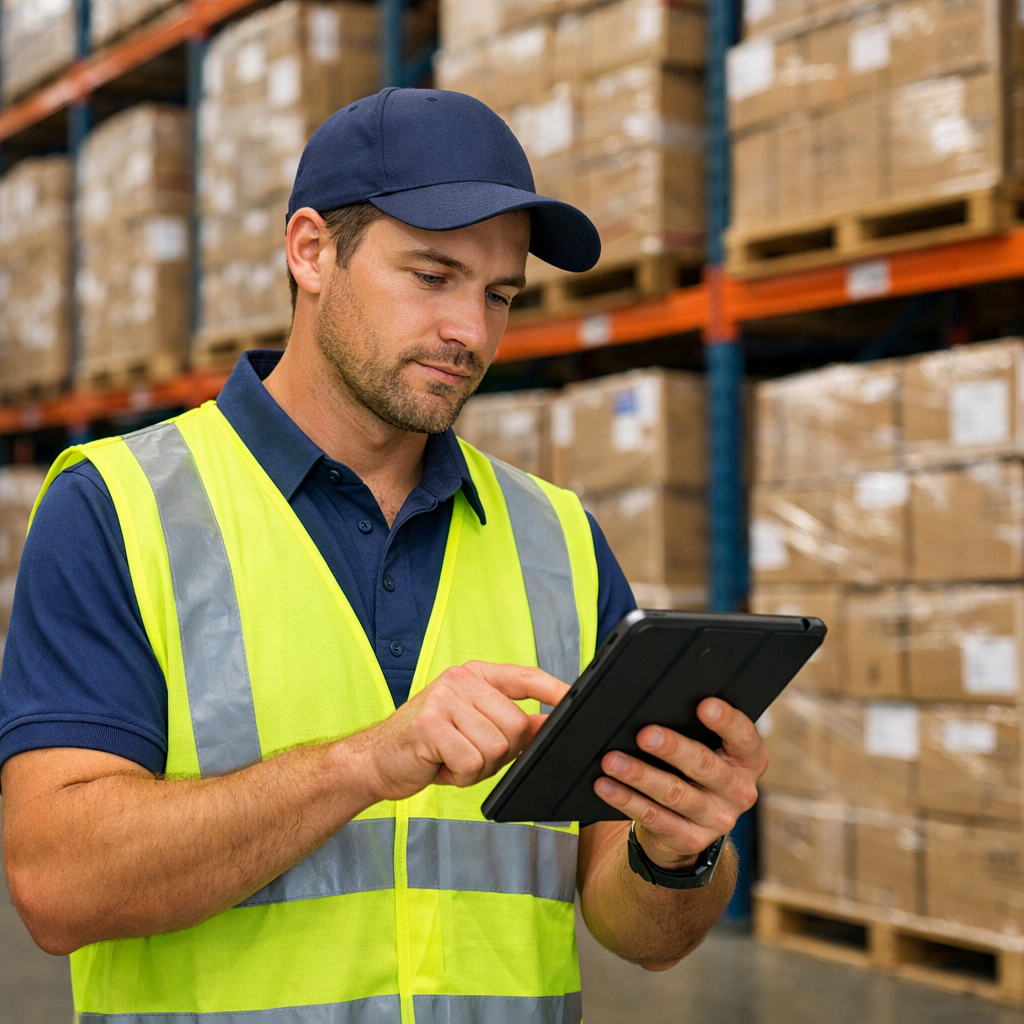 Logistics specialist using tablet